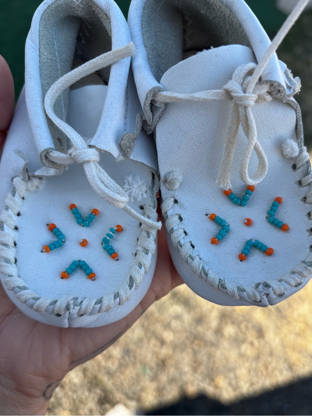 White Beaded Kids Moccasins with Turquoise & Orange Accents